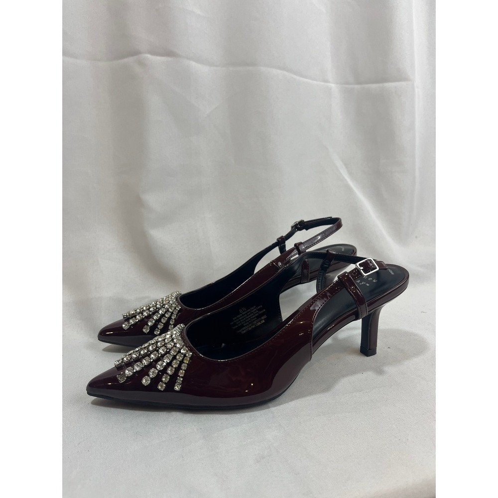 A New Day Womens Burgundy Patent Rhinestone Fringe Slingback Heels Size 8.5